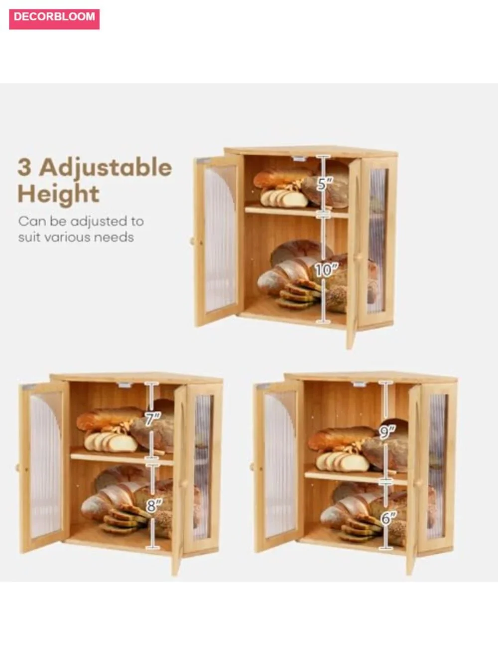 Large Bamboo Corner Bread Box Double Layer with Magnetic Acrylic Door